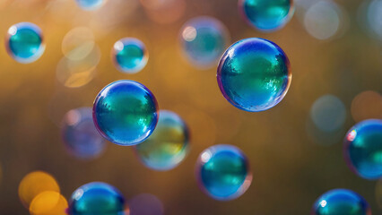 Closeup of few blue color transparent bubbles in yellow bokeh effect background. Beautiful water beads abstract backdrop design for the fantastic atmosphere.