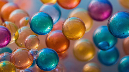 Closeup view of colorful Hydrogel balls with blurred background. Rainbow colors water beads abstract backdrop for ads, wallpaper or banner.