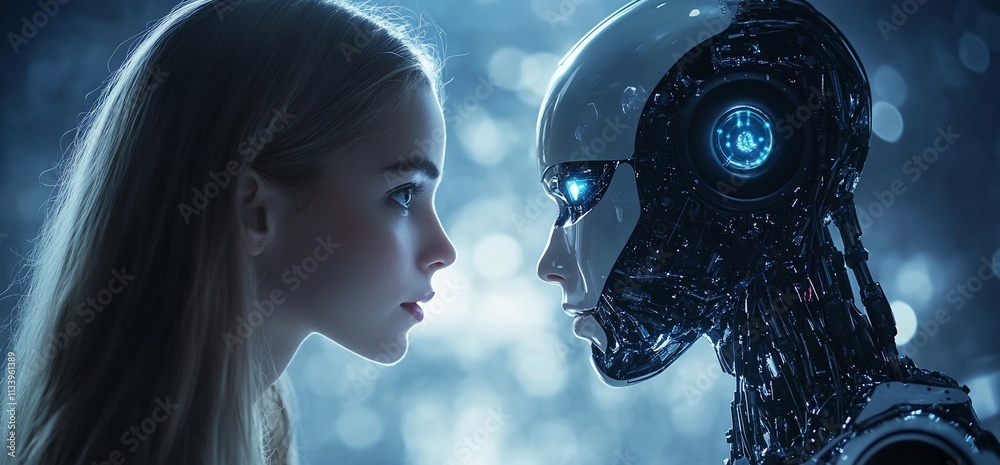 Poster A human and a robot face each other, exploring themes of connection.