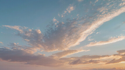 Dramatic panoramic view of bright epic sky with soft and light color palette. Perfect comfort cloudscape scenic image background for wallpaper, presentation, header and banner.