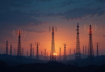 Silhouettes of 5G towers with glowing signals radiating outward