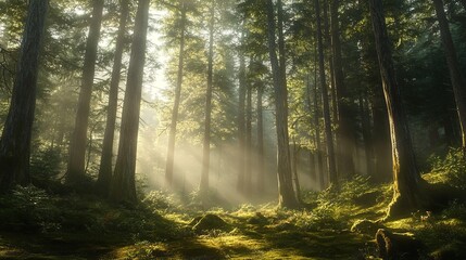 Fototapeta premium Sunbeams illuminate a path through a misty forest, dappling the bluebells with light.