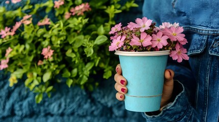 Woman's hand holding pink flowers in a teal paper cup against a green wall.