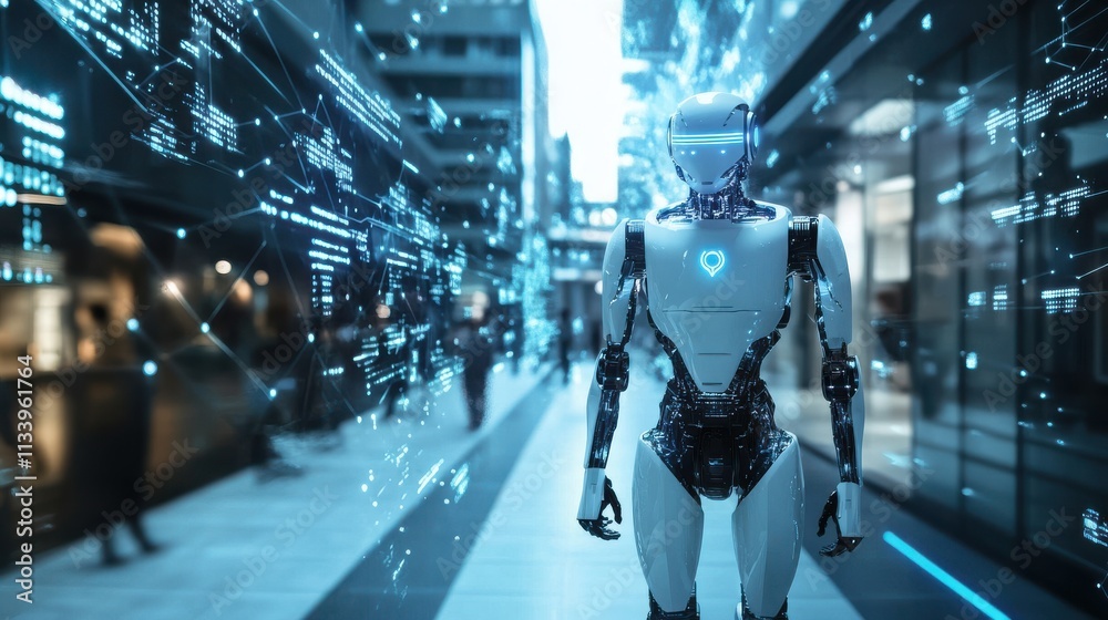 Poster futuristic robot in urban environment with data streams