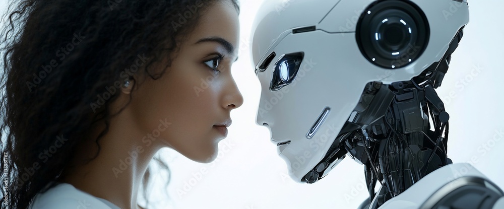 Poster a human and a robot face each other, symbolizing connection and technology.