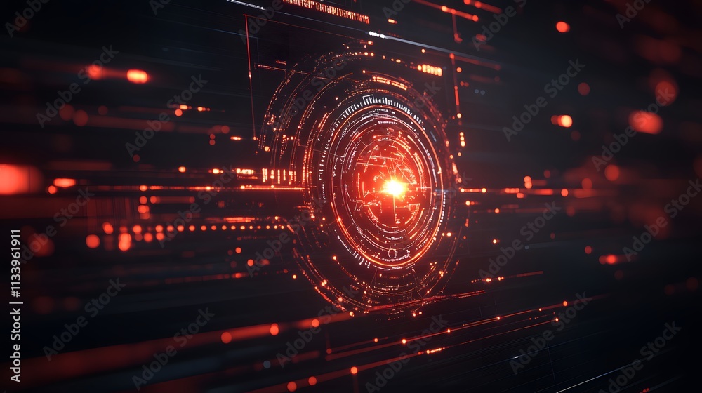 Poster abstract digital interface with glowing red circular element and lines.