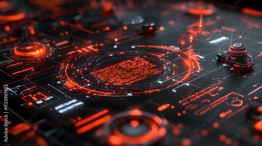 Poster abstract digital interface with glowing red circuits and data streams.