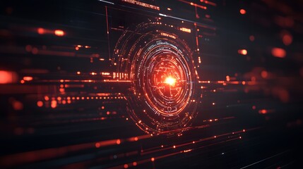 Abstract digital interface with glowing red circular element and lines.