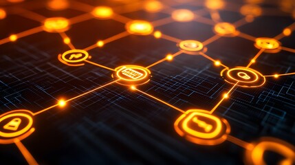 Abstract digital network with glowing icons interconnected on a dark background.