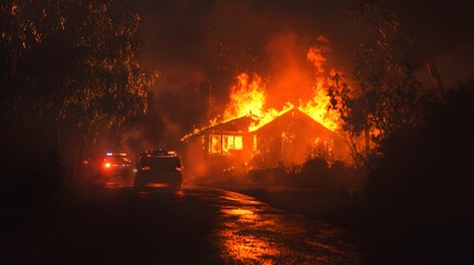 House engulfed in flames during a wildfire emergency vehicles present