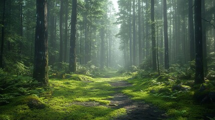 Obraz premium Sunbeams illuminate a path through a misty forest, dappling the bluebells with light.