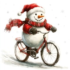 A cheerful snowman rides a bicycle, dressed in festive winter attire.