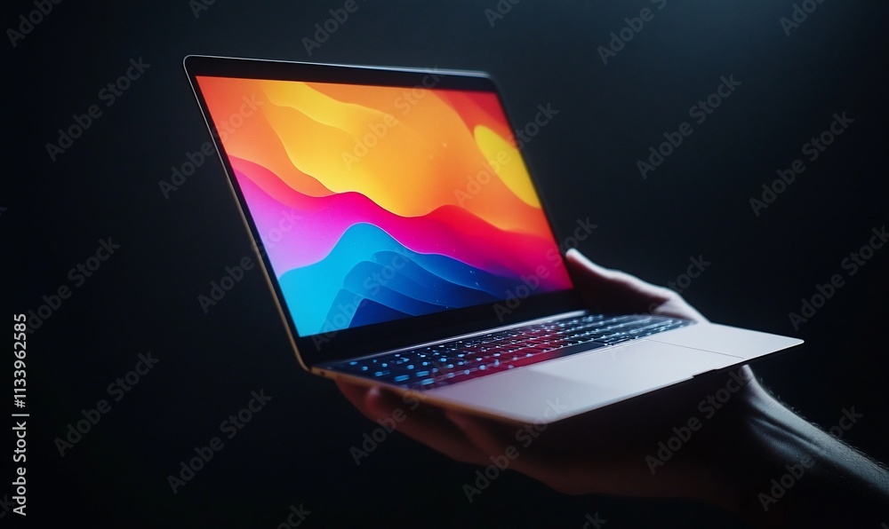 Poster a person holding a laptop displaying a colorful abstract screen.