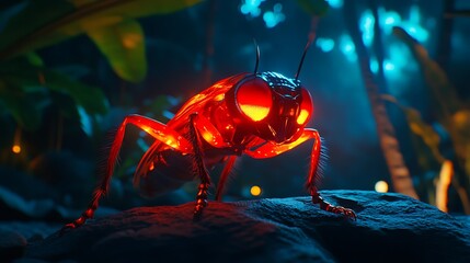 Photorealistic Insect with Glowing Features in a Tropical Environment