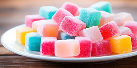 Colorful Candy Cubes on a White Plate