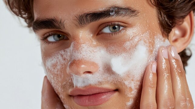 A young man applies facial cleanser, showcasing skincare routine and healthy skin.