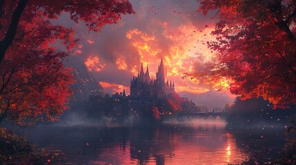 Autumnal Castle by the Lake: A Fantasy Landscape
