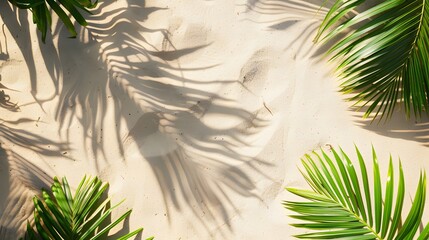 Palm leaves shadows on white sand beach.