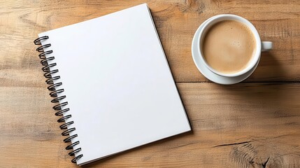 A blank notebook on a wooden desk with a cup of coffee beside it, sparking creativity and inspiration.