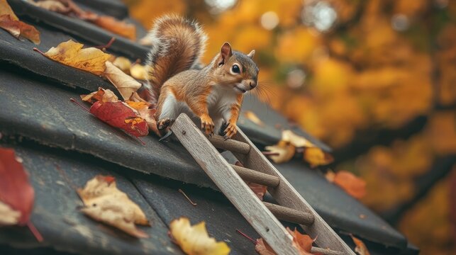 Resourceful Squirrel Repairing Roof Shingles on Ladder Amid Autumn Leaves on Cloudy Day