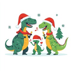 Obraz premium A festive dinosaur family celebrating Christmas in cheerful Santa hats and scarves.