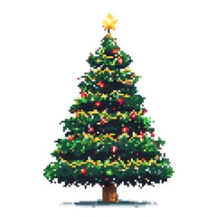 A festive pixel art Christmas tree adorned with colorful ornaments and a shining star.