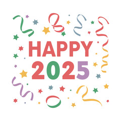 Simple 2D New Year 2025 Illustrations on White Background with Fireworks, Balloons, Party Hats, Confetti, Countdown Clocks, Streamers, and Festive Elements