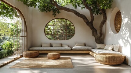 Obraz premium A serene interior with natural elements, featuring a large tree, cozy seating, and a warm, inviting atmosphere.