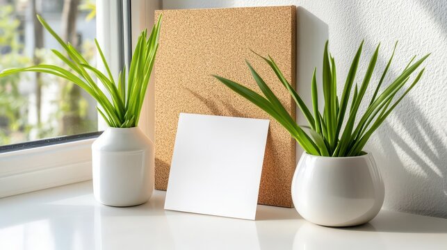 A blank card pinned to a corkboard in a sunny kitchen, ready for personal messages.