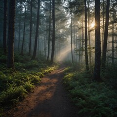 Obraz premium A forest trail with mist rising at dawn.