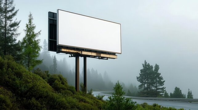 A blank billboard on a foggy highway, hinting at secrets waiting to be revealed.