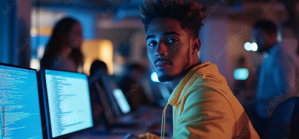 Poster A young person working on a computer in a tech-focused environment.