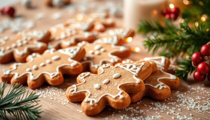  Delicious gingerbread cookies decorated with icing, placed on a wooden table with festive greenery and berries, perfect for holiday celebrations and Christmas decor.