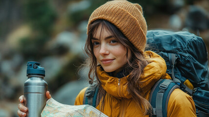 Young Adventurous Woman Holding Map and Water Bottle in Nature Background