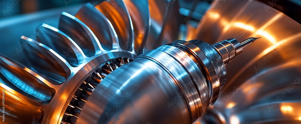 Poster Close-up of a turbine engine showcasing intricate metallic components.