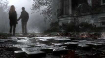 Fototapeta premium Mysterious Couple Holding Hands in Foggy Environment with Puzzle Pieces on Ground Near Abandoned House and Lush Overgrown Landscape
