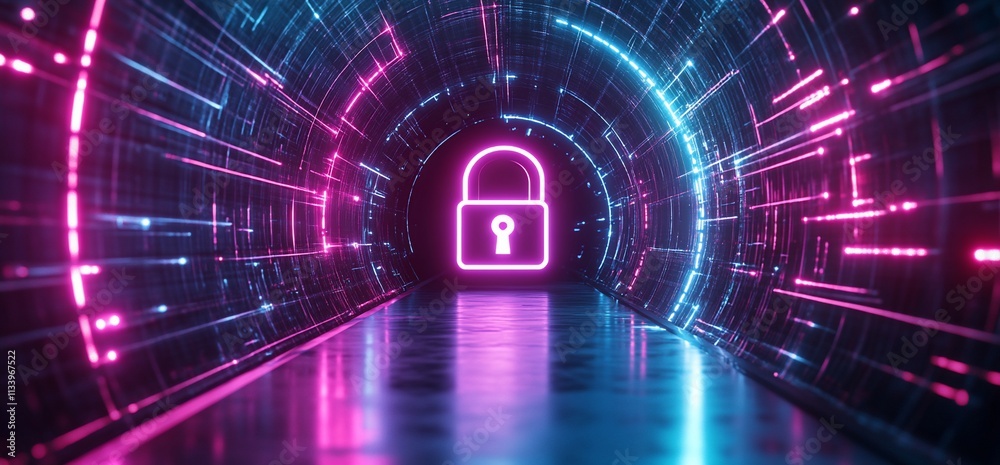 Poster Digital tunnel with a glowing lock symbol, representing security and protection.
