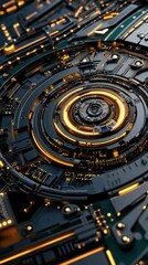 Obraz premium Abstract Futuristic Tech Design Featuring Intricate Circuit Patterns and Illuminated Components in a Dark and Smooth Environment