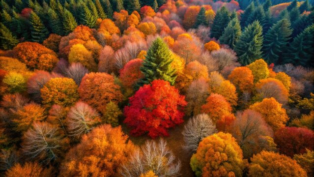 Golden beech, a Cornish jewel. Aerial view reveals autumn's fiery embrace in Idless' pine forest.