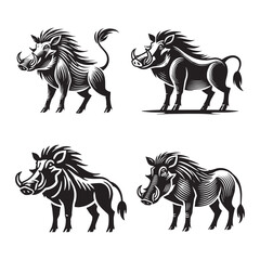 Standing Warthog Silhouette Vector Set - African Wildlife Illustrations