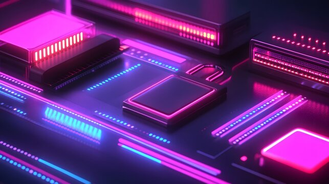 Abstract neon glowing circuit board with padlock symbol, representing cybersecurity or data protection.