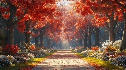Autumn Pathway Through Vibrant Red Trees