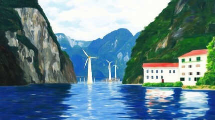 Scenic View of Wind Turbines by Serene Waters Surrounded by Breathtaking Mountains and Lush Greenery in a Peaceful Coastal Environment