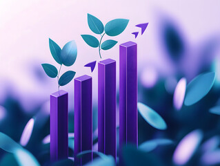 The image depicts growth represented by purple bars and upward arrows, with leaves suggesting sustainability and progress.