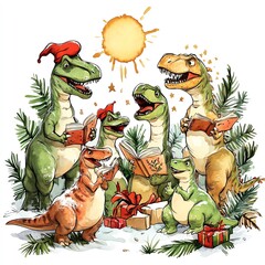 Dinosaurs joyfully celebrating with carols and gifts under the sunlit holiday cheer.