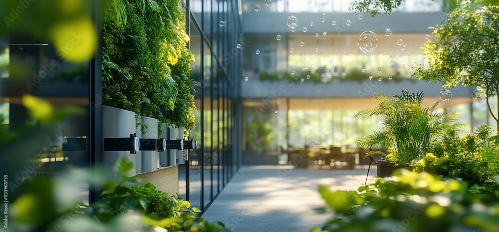 Poster lush indoor garden with modern architecture and sunlight filtering through.