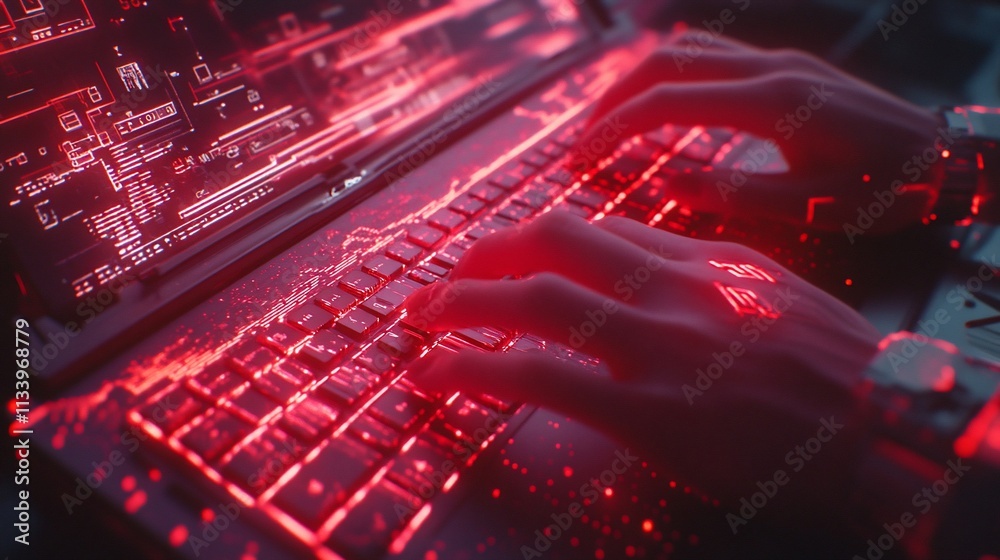 Poster Hands typing on a glowing keyboard with red digital effects.