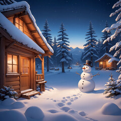 Obraz premium The picture depicts a Christmas night, with a snow - covered pine branch in the foreground and a snowman and a small hut in the distance.
