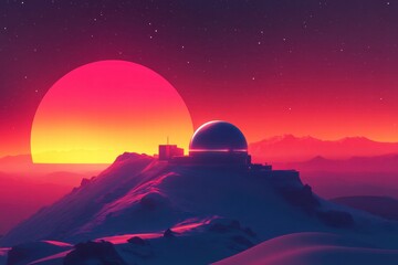 Obraz premium Minimalistic Dome Structure in Vibrant Sunset Landscape