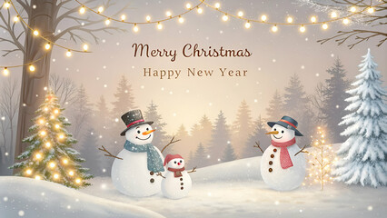 Obraz premium Merry Christmas and Happy New Year Greeting Card with Snowman Family in a Magical Winter Wonderland